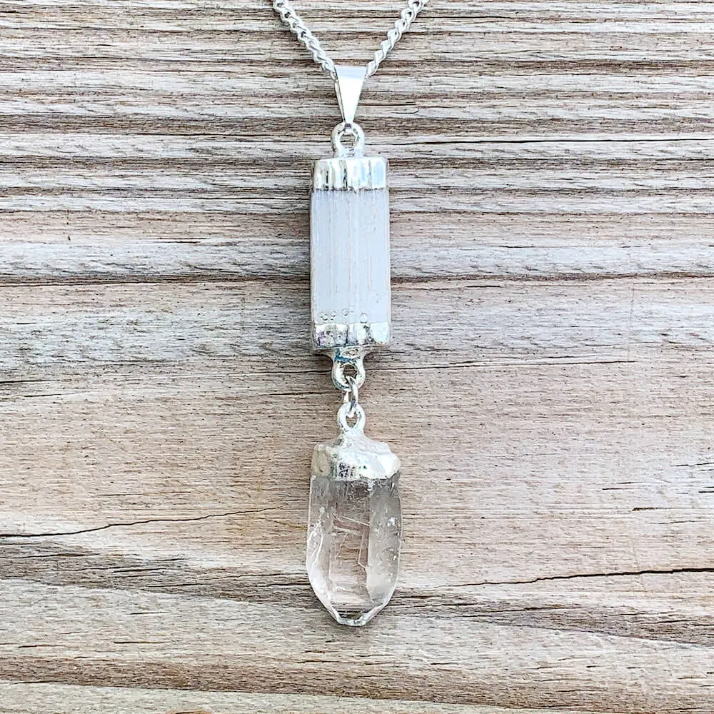 Selenite and Clear Quartz Cluster Pendant Necklace