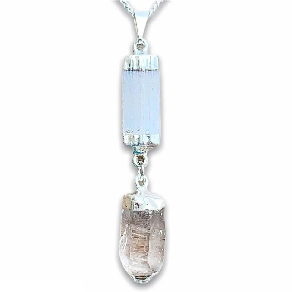 Selenite and Clear Quartz Cluster Pendant Necklace