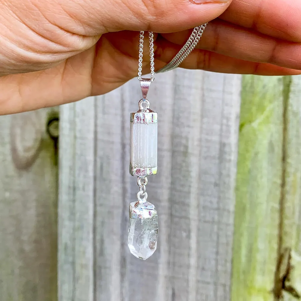 Selenite and Clear Quartz Cluster Pendant Necklace