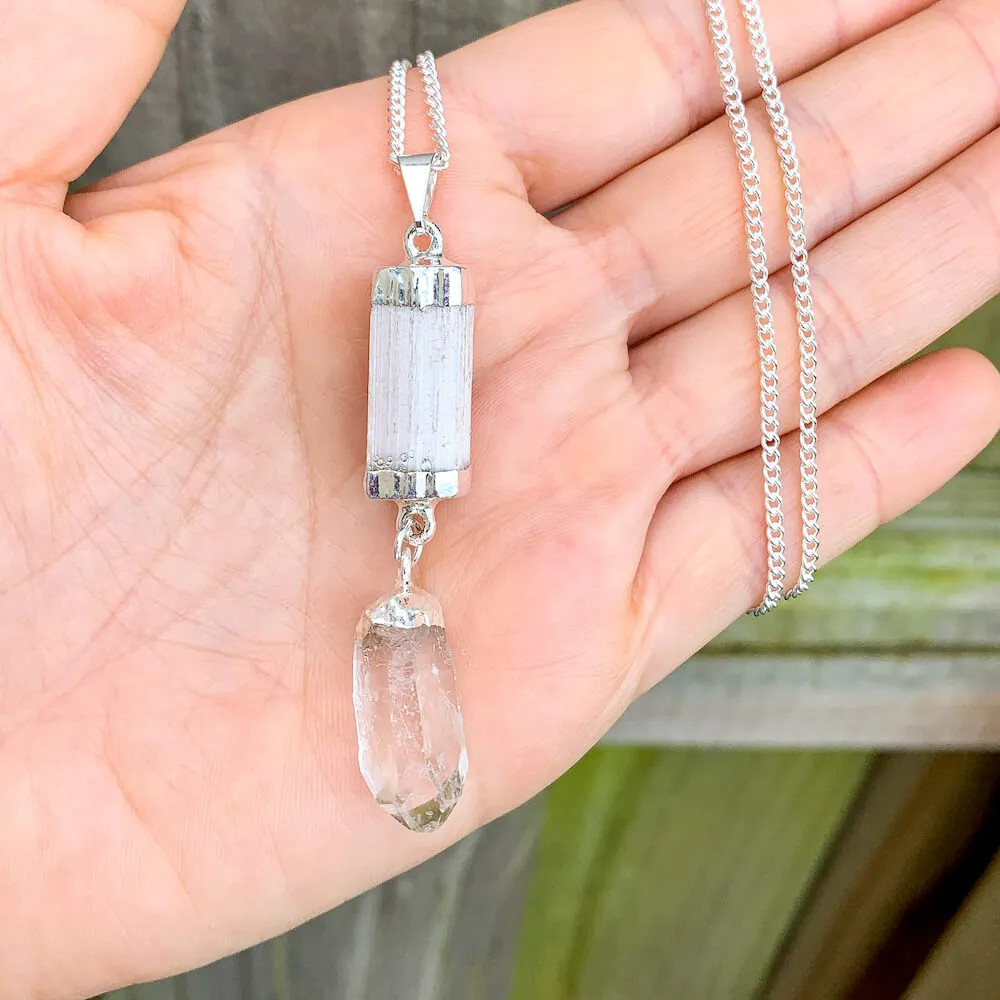 Selenite and Clear Quartz Cluster Pendant Necklace