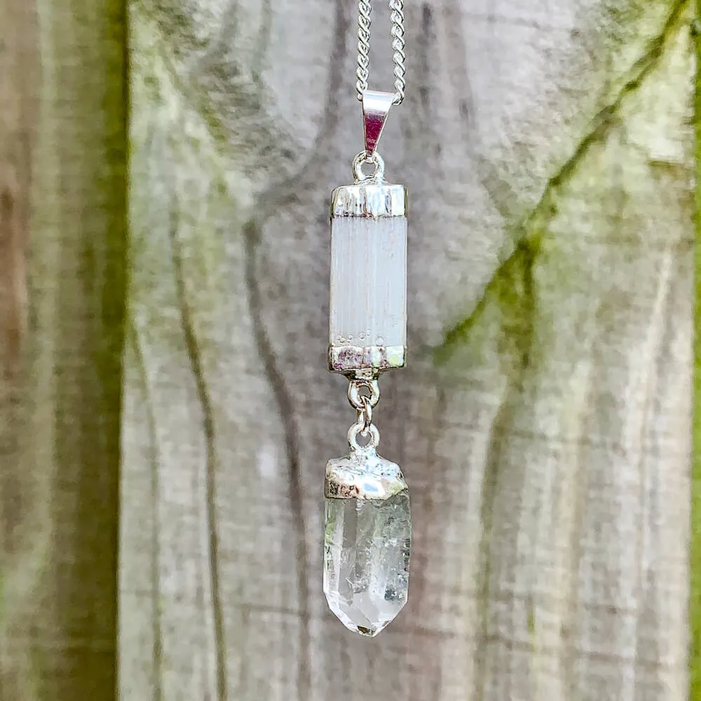 Selenite and Clear Quartz Cluster Pendant Necklace