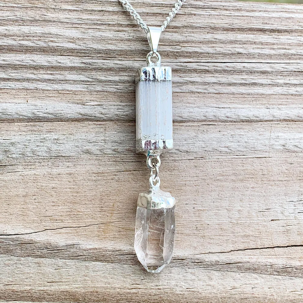Selenite and Clear Quartz Cluster Pendant Necklace