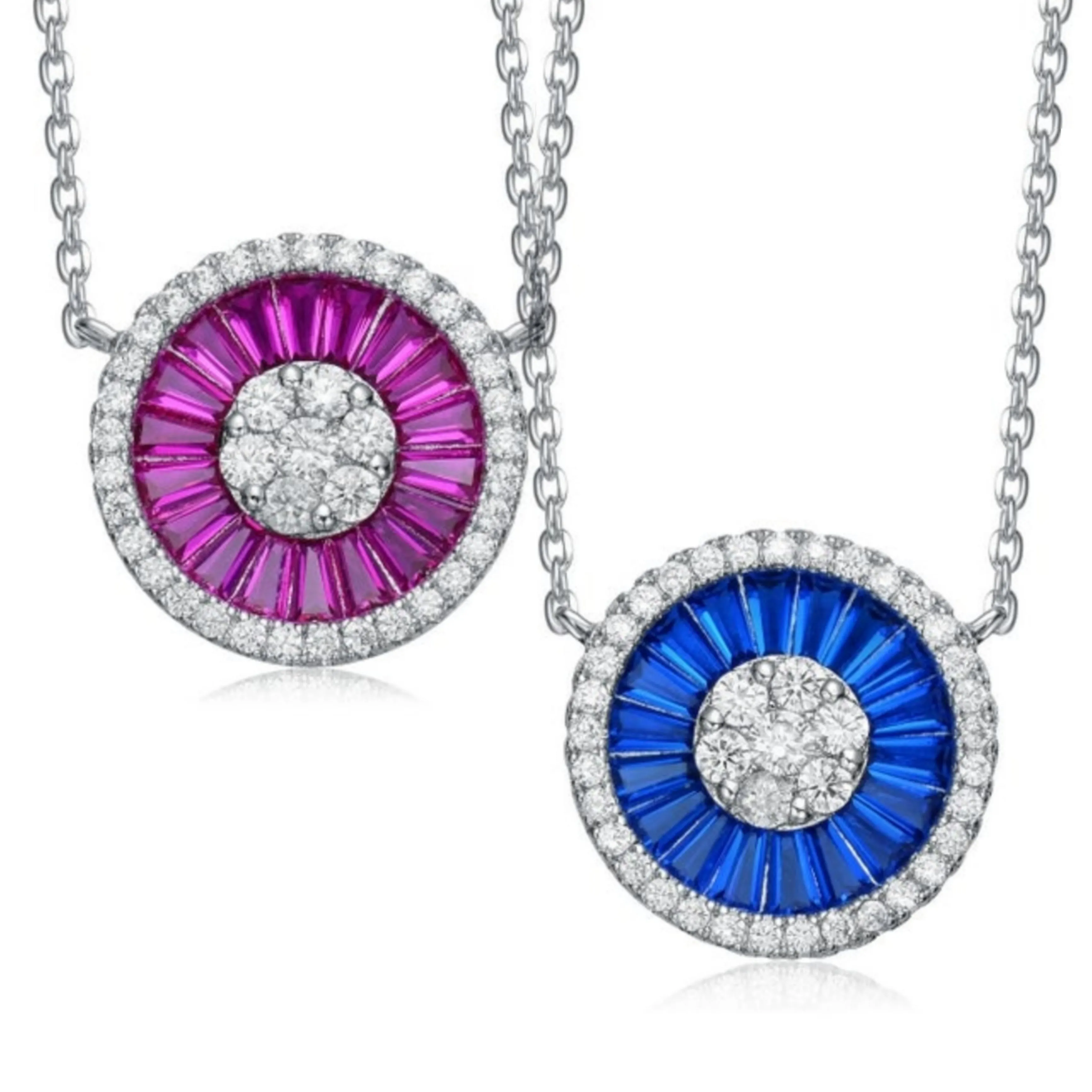 Sterling Silver Colored CZ Baguette Round Necklace