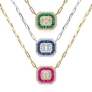 Sterling Silver Colored Stone Baguette "Solitaire" Necklace