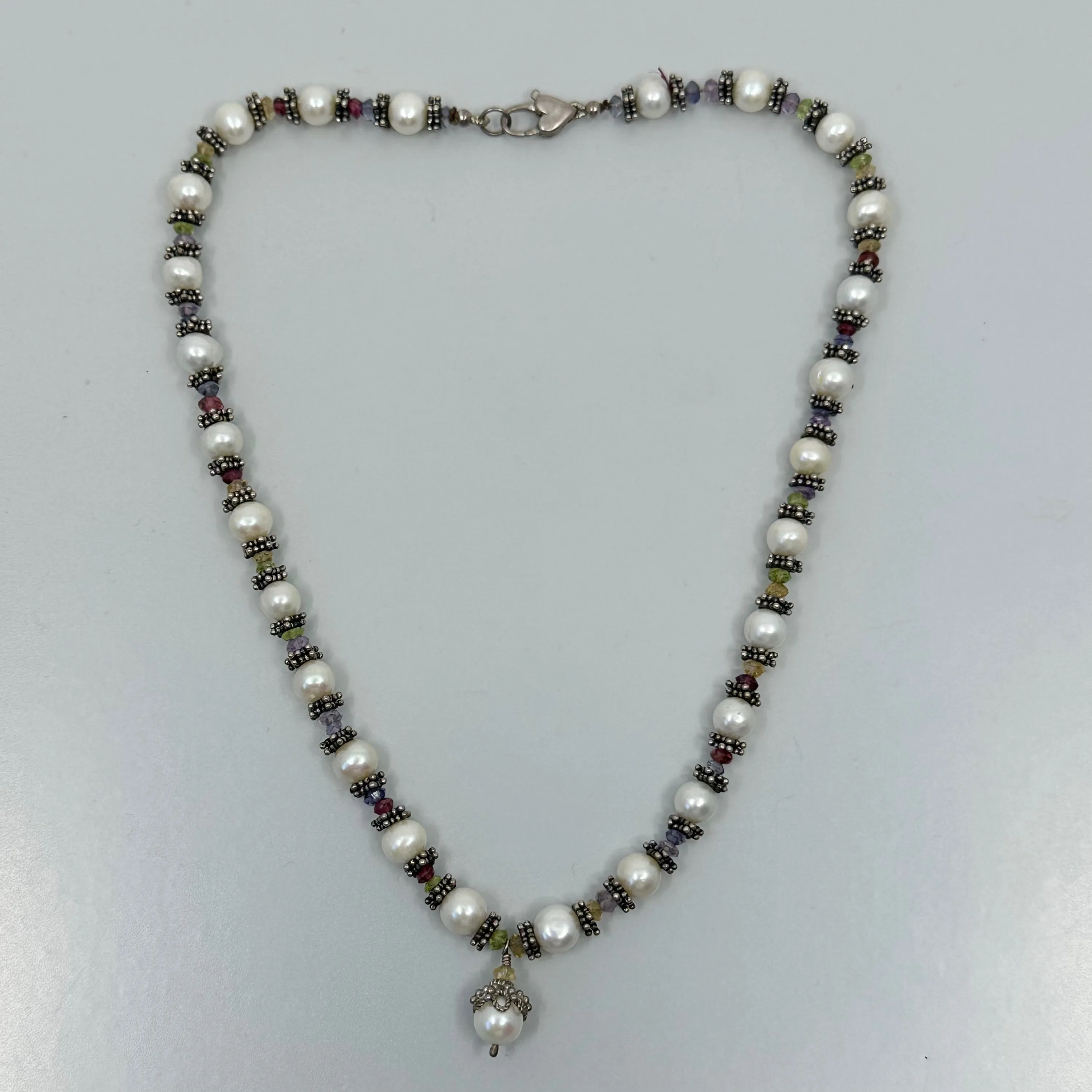 sterling silver pearl & tourmaline bead necklace