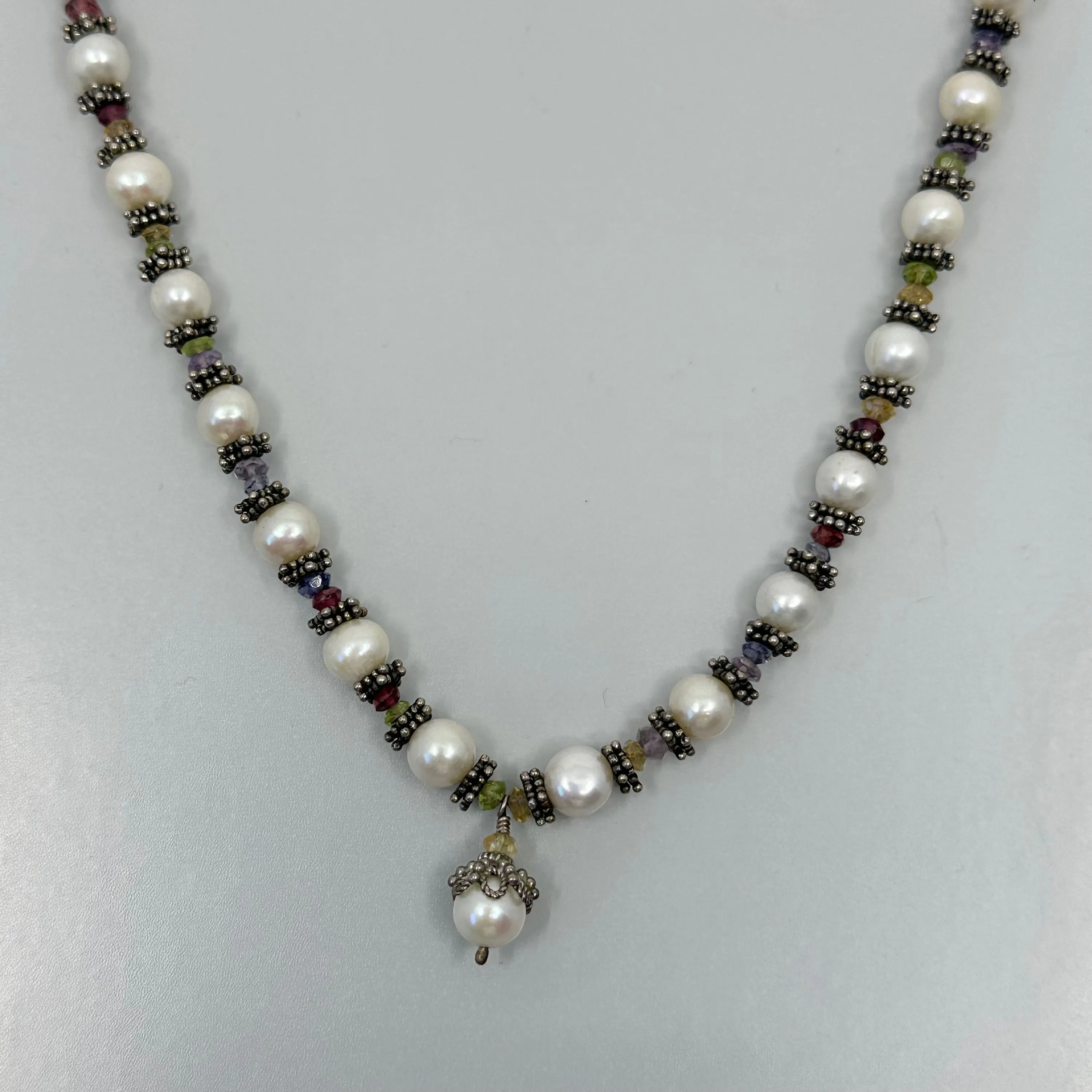 sterling silver pearl & tourmaline bead necklace