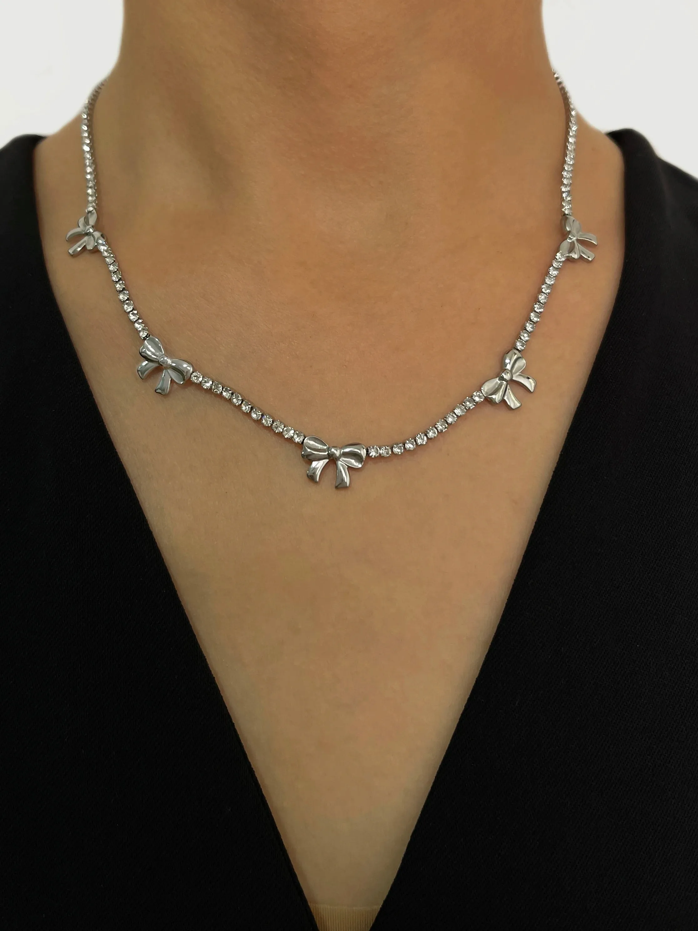 TAVIMART  -  Peri'sbox Anti Tarnish Stainless Steel Cute Bow Cz Tennis Choker Necklace for Girl Y2K Tie the Knot Zircon Collar Korean Jewelry