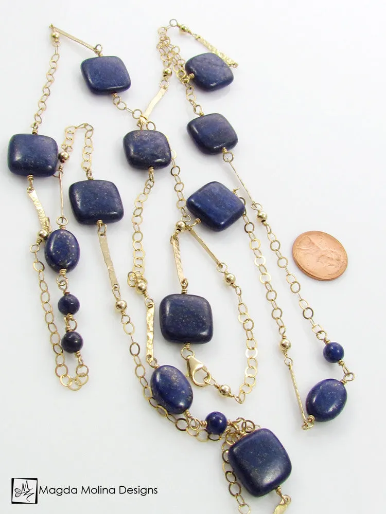The Long And Elegant Lapis Lazuli and Hammered Gold Necklace