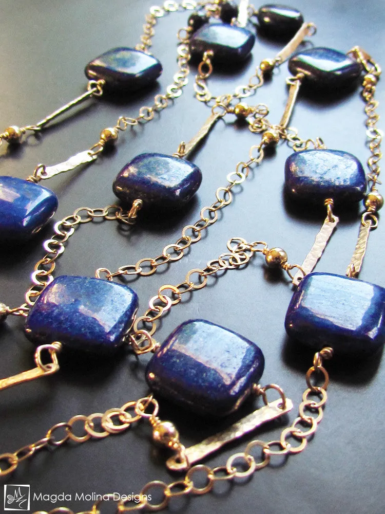 The Long And Elegant Lapis Lazuli and Hammered Gold Necklace