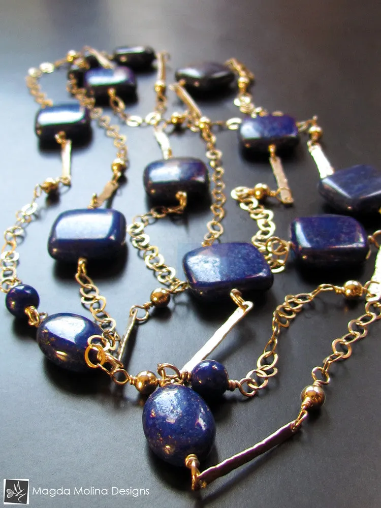 The Long And Elegant Lapis Lazuli and Hammered Gold Necklace