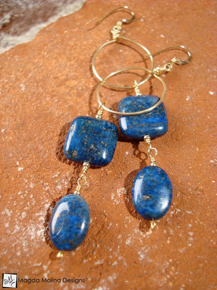 The Long Dangling Lapis Lazuli & Gold Hoop Earrings