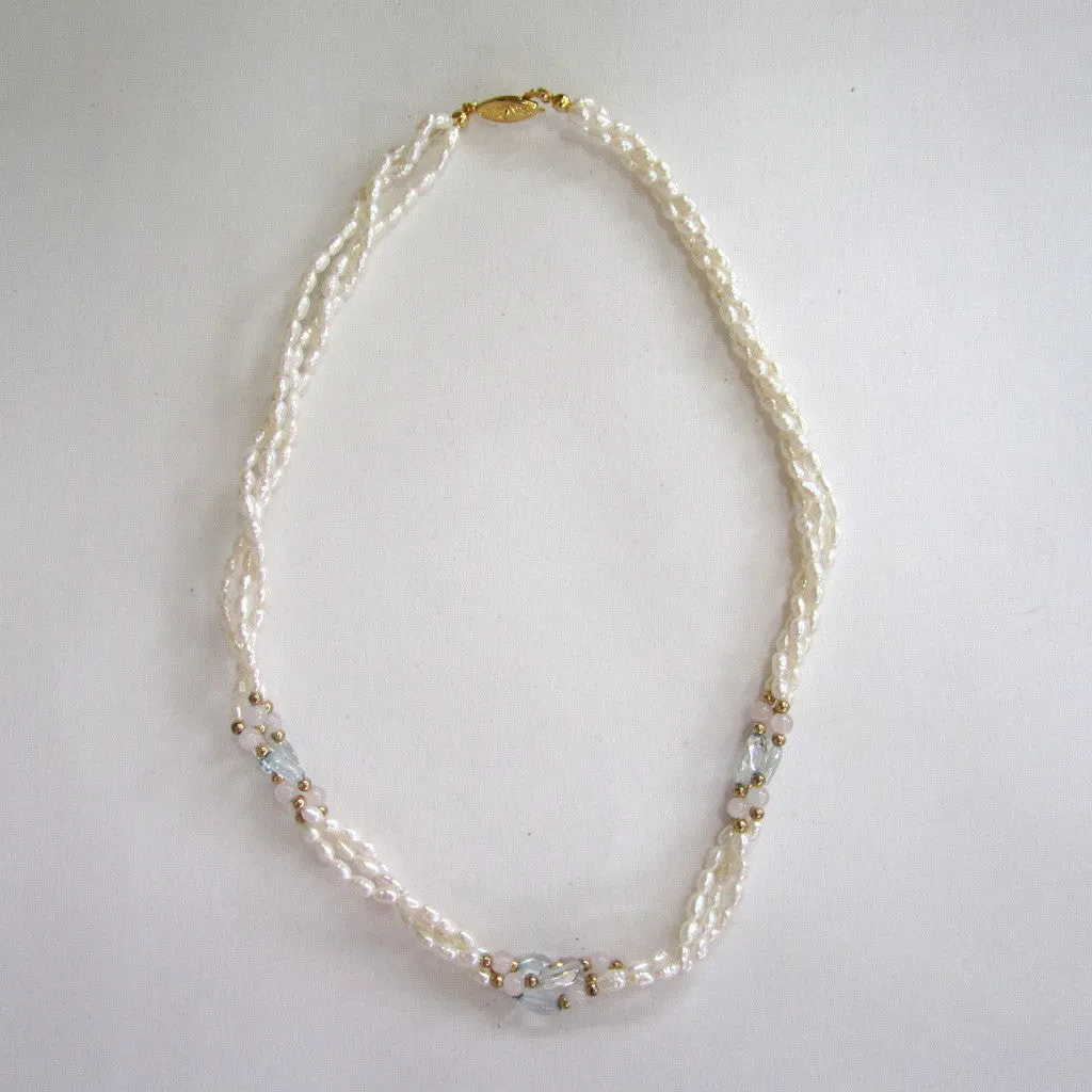 Triple-Strand of Rice Pearl, Blue Topaz, Rose Quartz and Gold Bead Necklace/Pendant