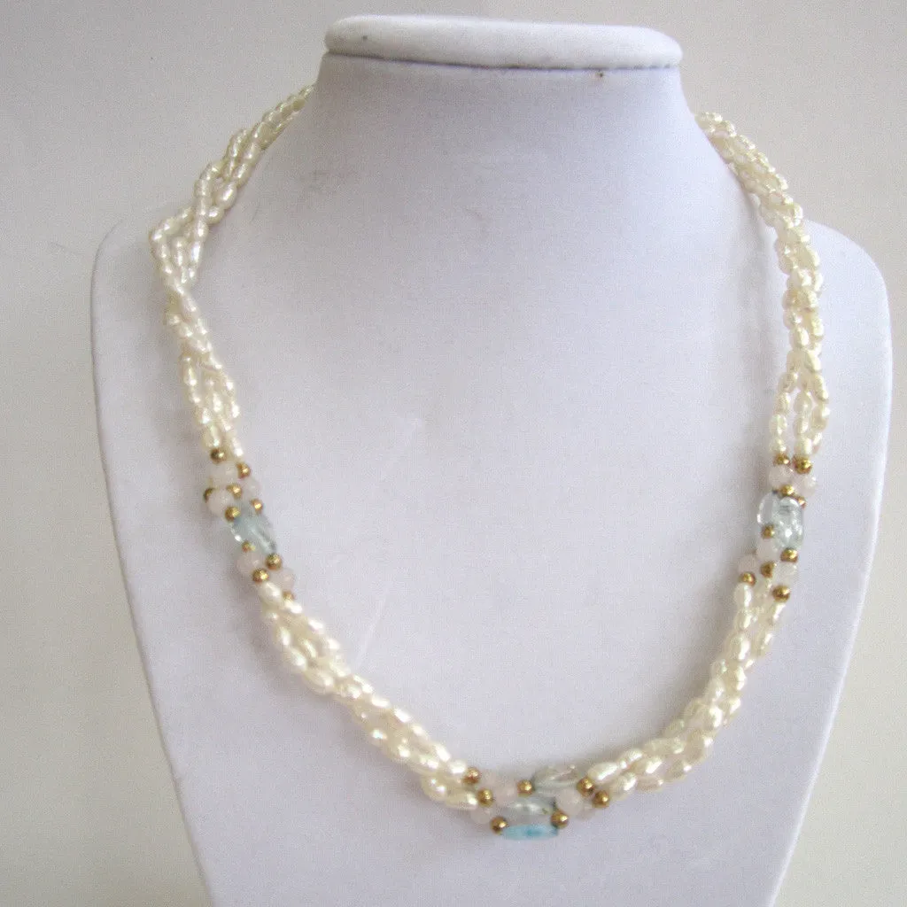 Triple-Strand of Rice Pearl, Blue Topaz, Rose Quartz and Gold Bead Necklace/Pendant