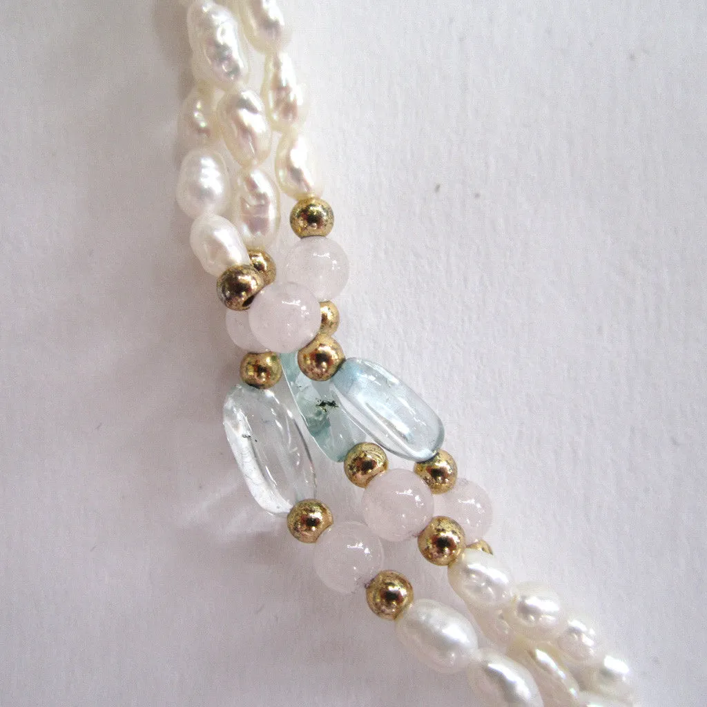 Triple-Strand of Rice Pearl, Blue Topaz, Rose Quartz and Gold Bead Necklace/Pendant