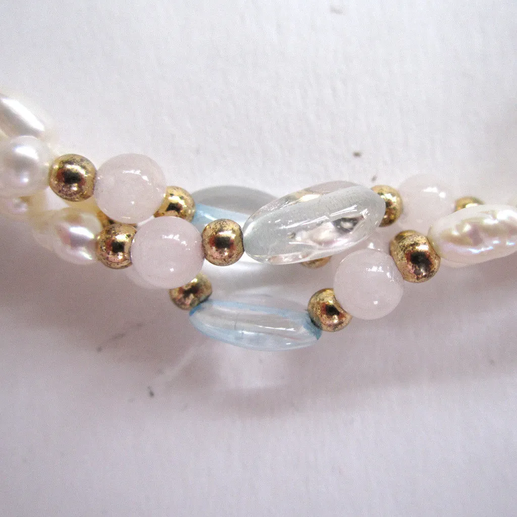Triple-Strand of Rice Pearl, Blue Topaz, Rose Quartz and Gold Bead Necklace/Pendant
