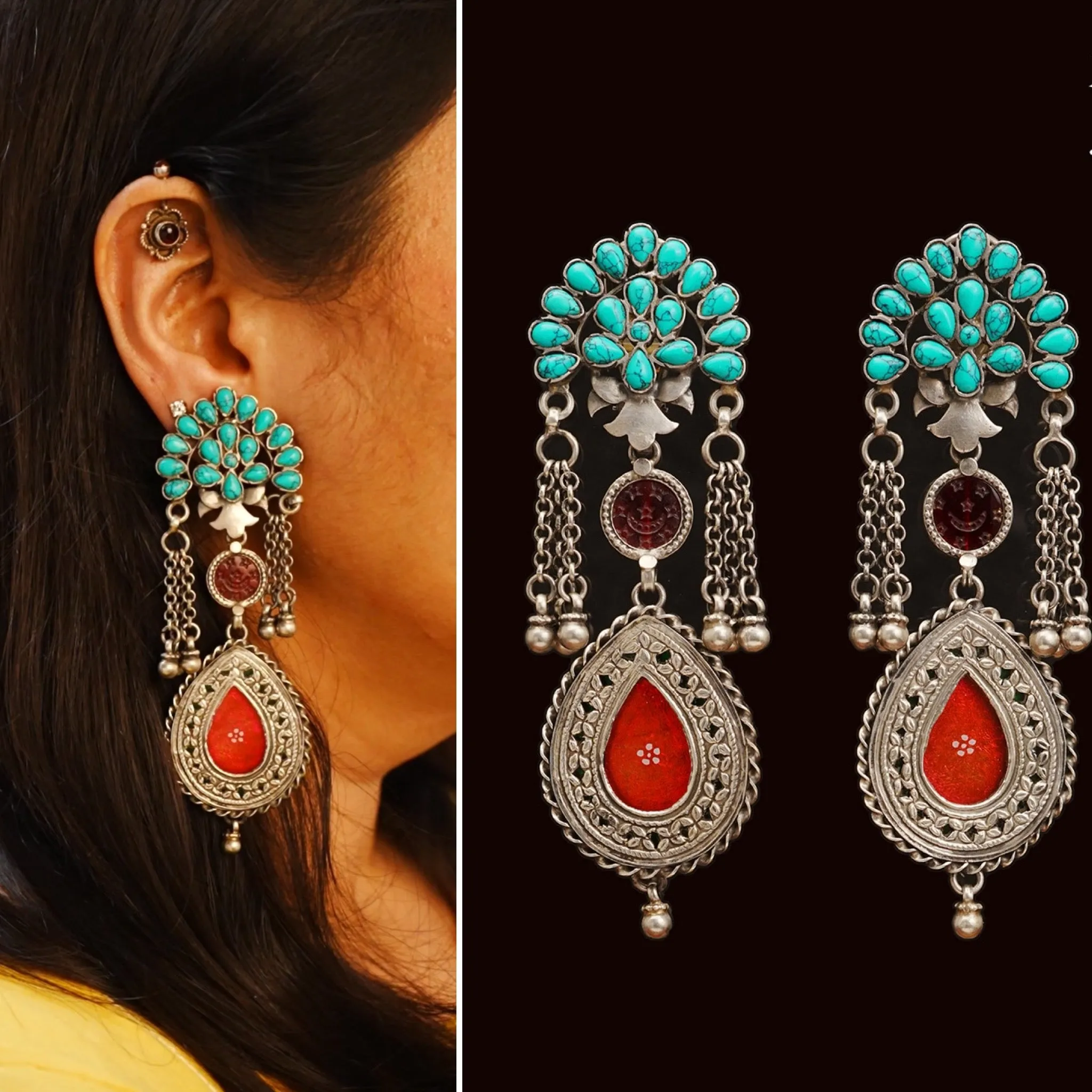 Turquoise & Crimson Rang Mahal Silver Earrings