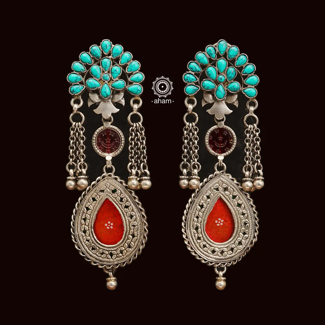 Turquoise & Crimson Rang Mahal Silver Earrings