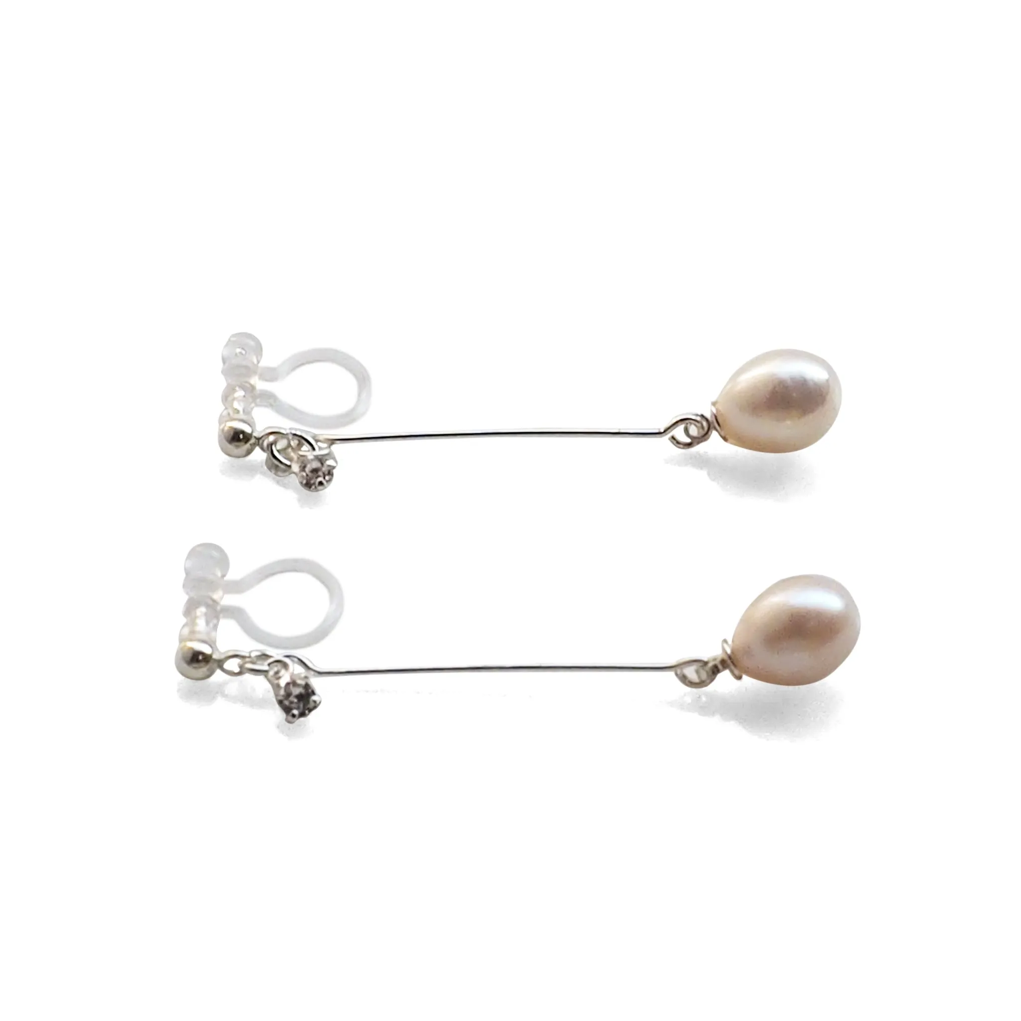 White Teardrop Freshwater Pearl Invisible Clip On Earrings (Silver tone)