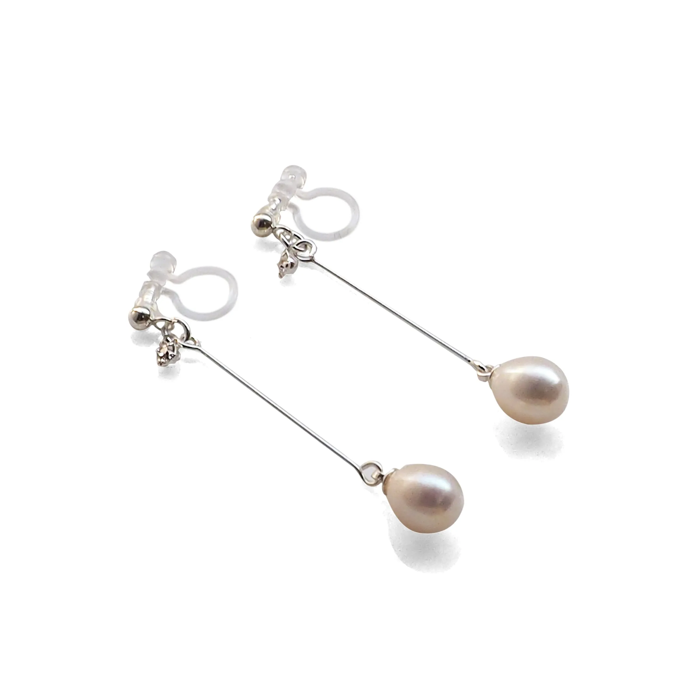 White Teardrop Freshwater Pearl Invisible Clip On Earrings (Silver tone)