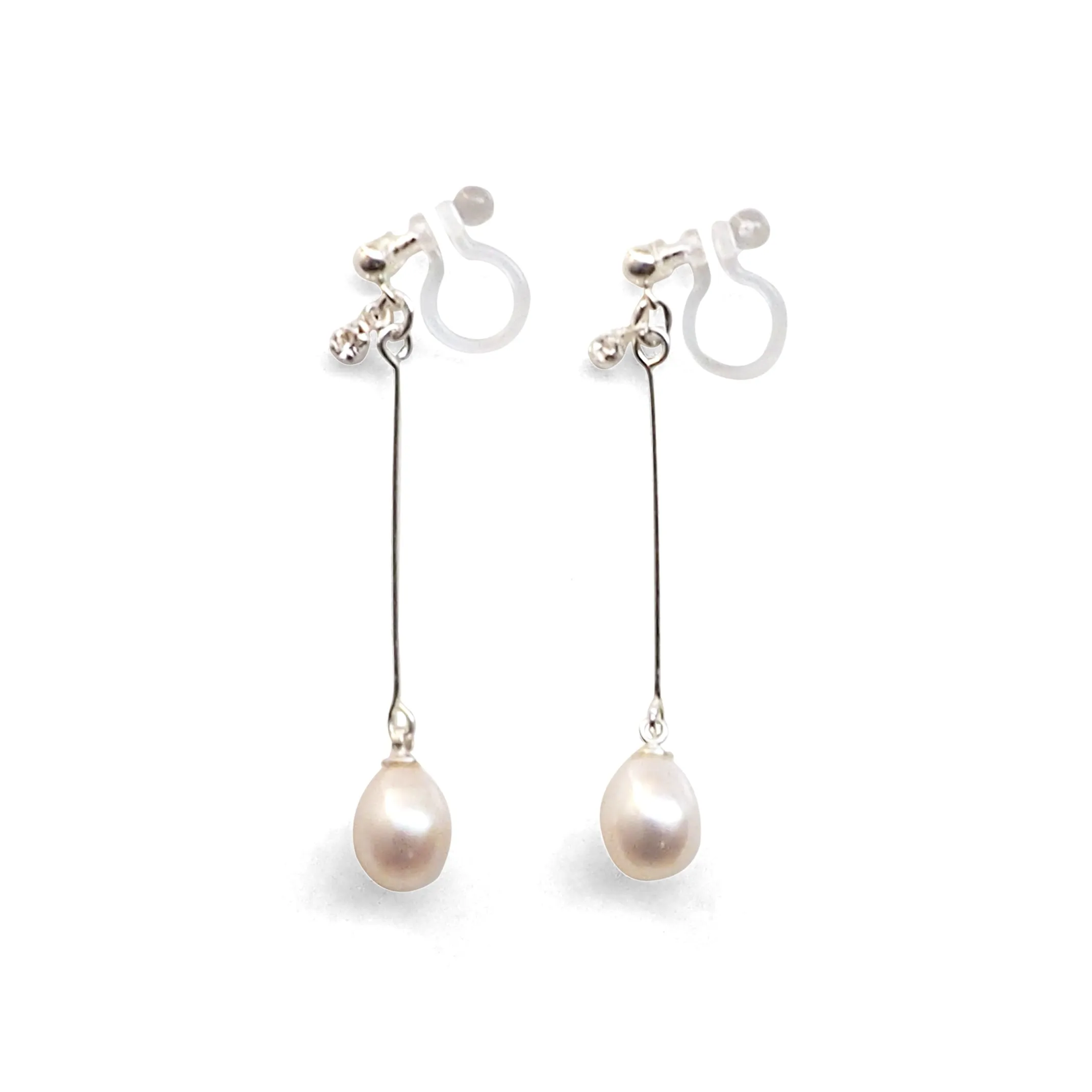 White Teardrop Freshwater Pearl Invisible Clip On Earrings (Silver tone)