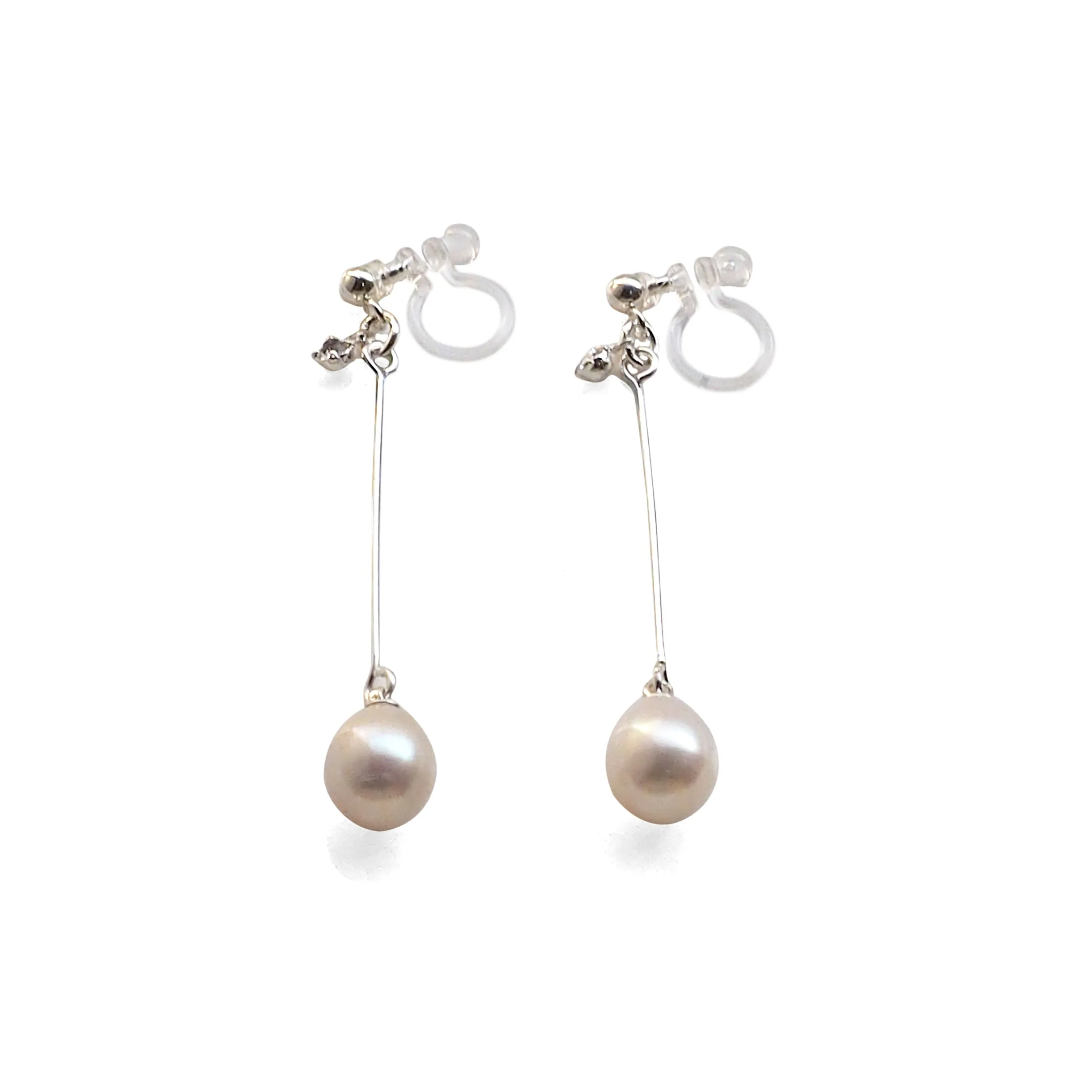 White Teardrop Freshwater Pearl Invisible Clip On Earrings (Silver tone)