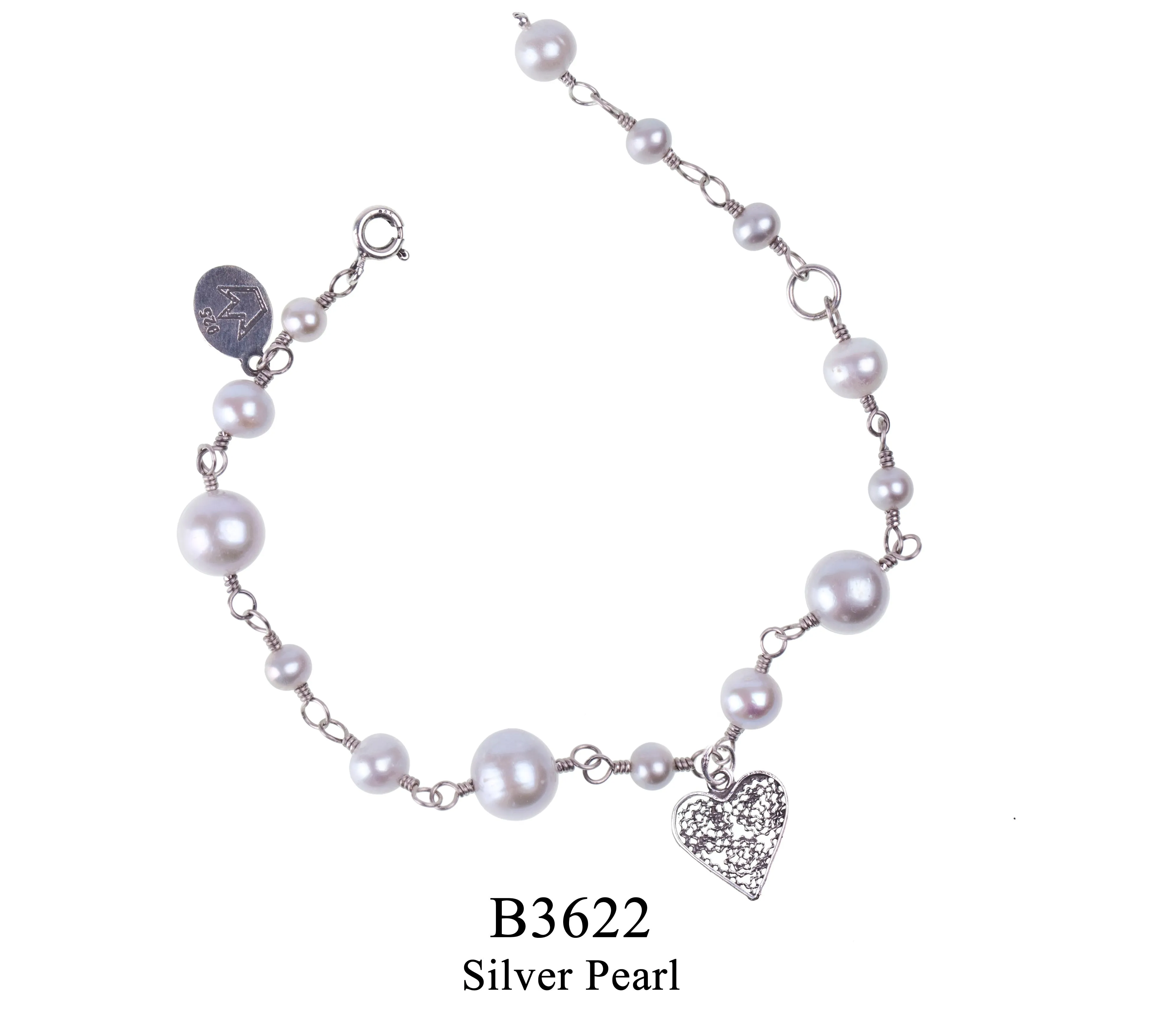 YC Heart Bracelet - silver pearls